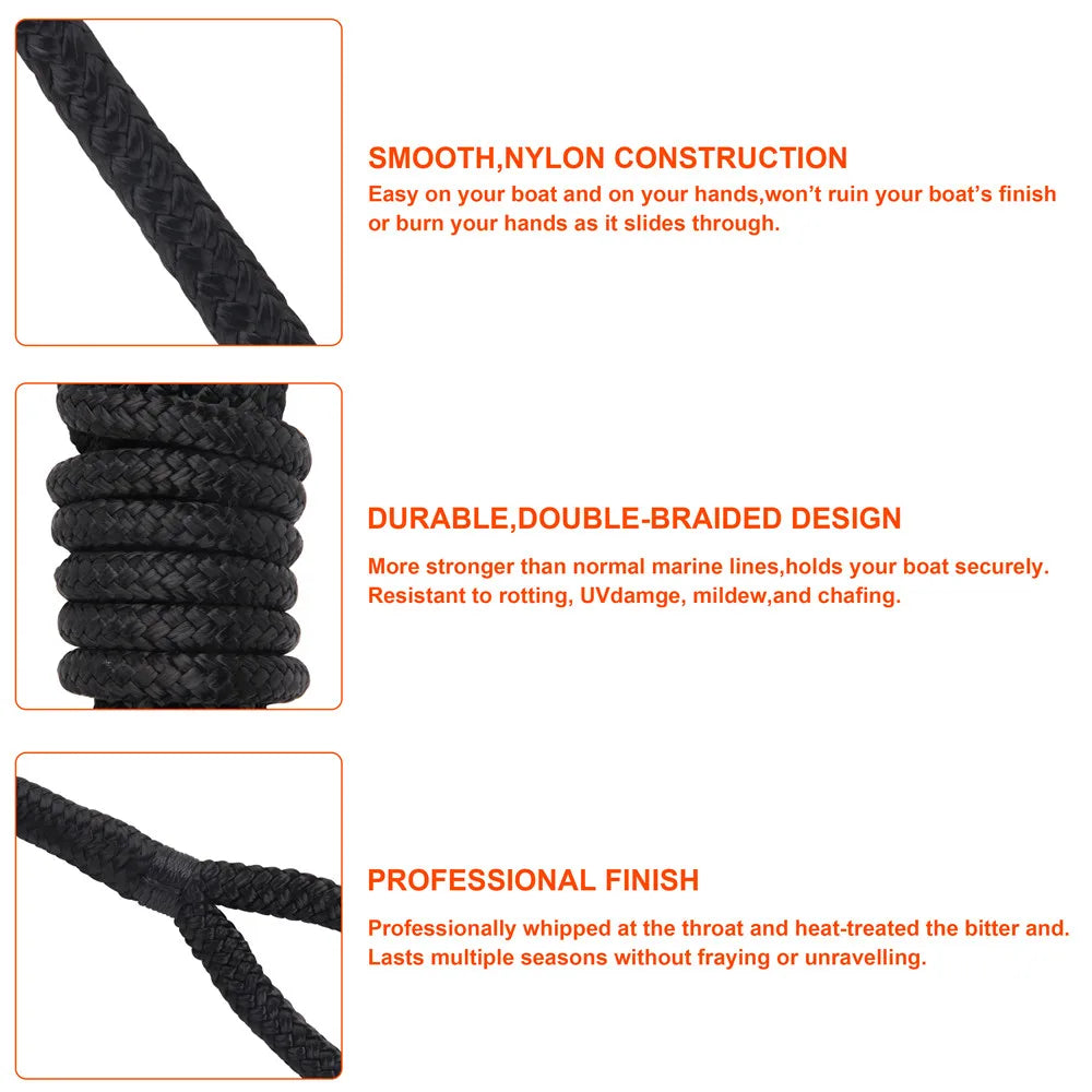 1PC/3PCS Black Double Braid Nylon Dockline Dock Line Mooring boat Rope Anchoring Docking Rope length 16.5feet 25feet 50feet