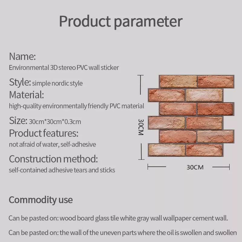 12pcs 3D Brick Wall Sticker Self-Adhesive PVC Wallpaper Home Wall Decor
