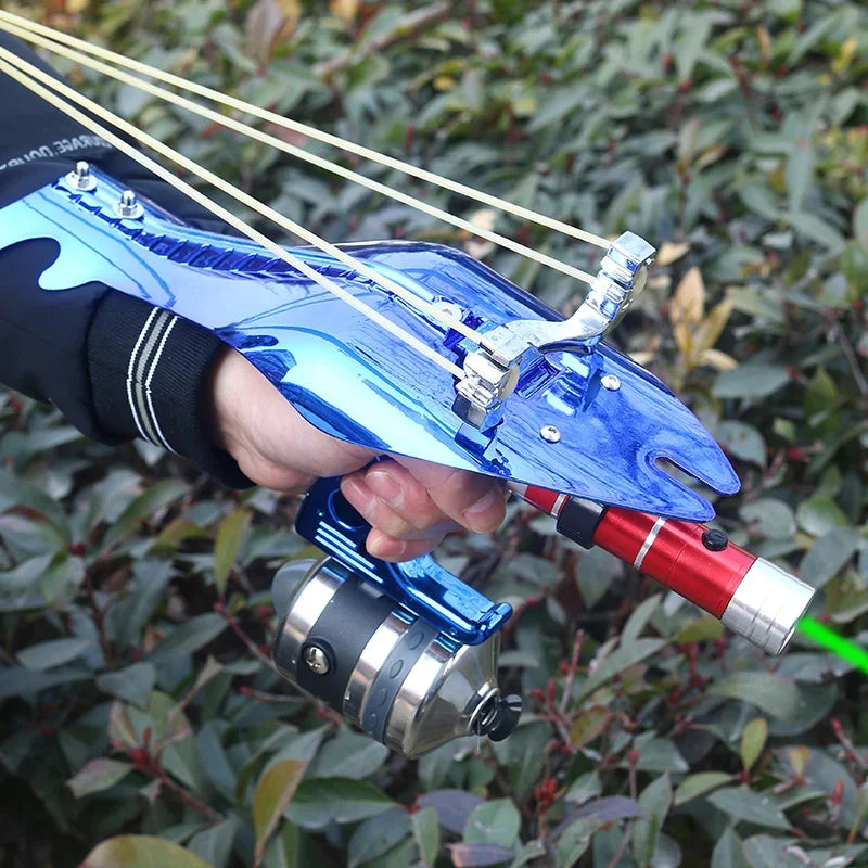 Fishing Set Slingshot Metal Bow Head Green Laser Sight Catapult with Fish Reels for Outdoor Hunting