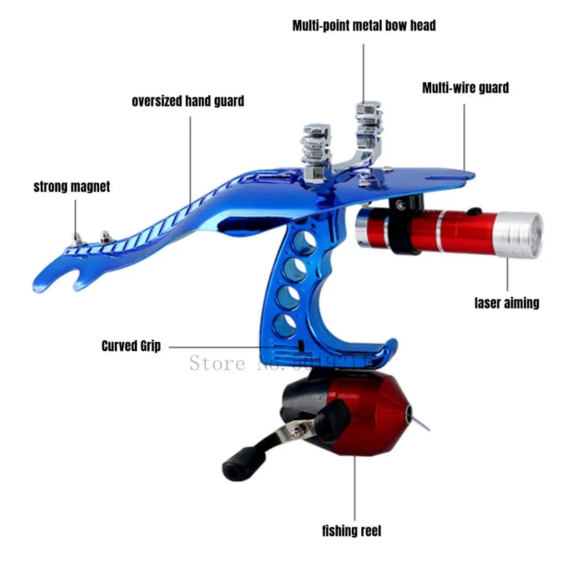 Fishing Set Slingshot Metal Bow Head Green Laser Sight Catapult with Fish Reels for Outdoor Hunting