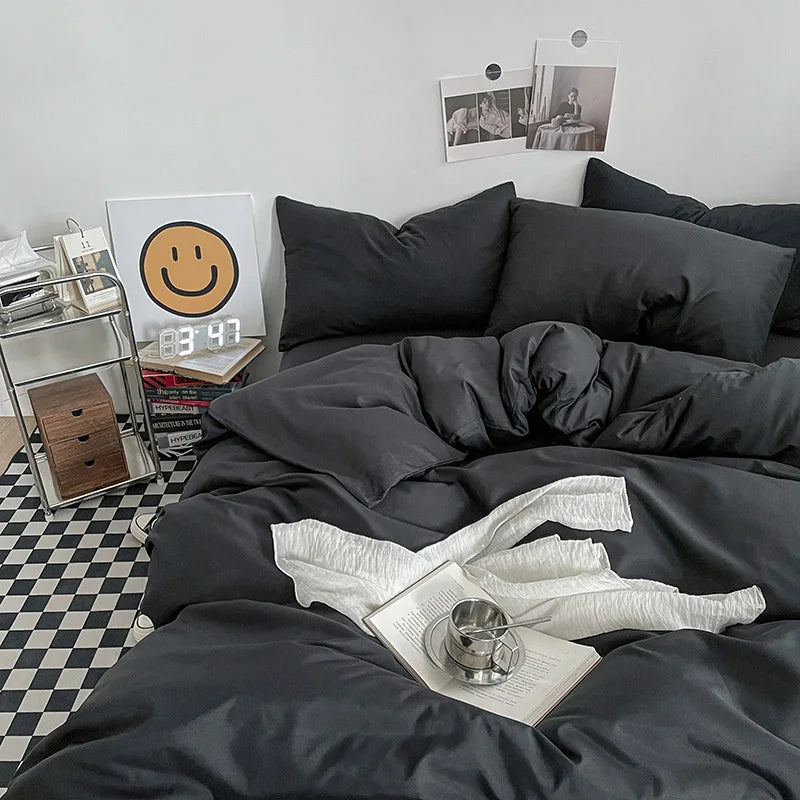 Washed Cotton Duvet Cover Set Black Bedding Sets for Hotel Bedroom Brushed Quilt Cover Pillowcase Flat Sheet Fashion Bed Linen