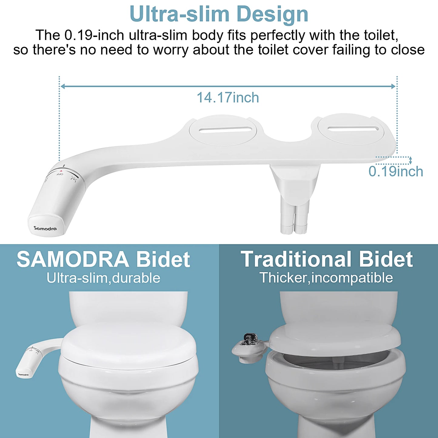 SAMODRA Bidet Attachment Ultra-Slim Toilet Seat Attachment Dual Nozzle Bidet Adjustable Water