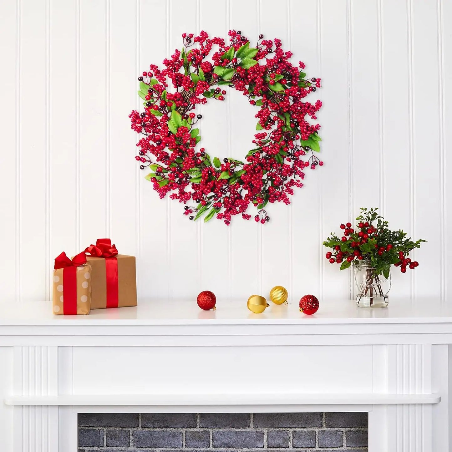 Yannew Christmas Red Berry Wreath for Front Door Outside Home Wall Decor