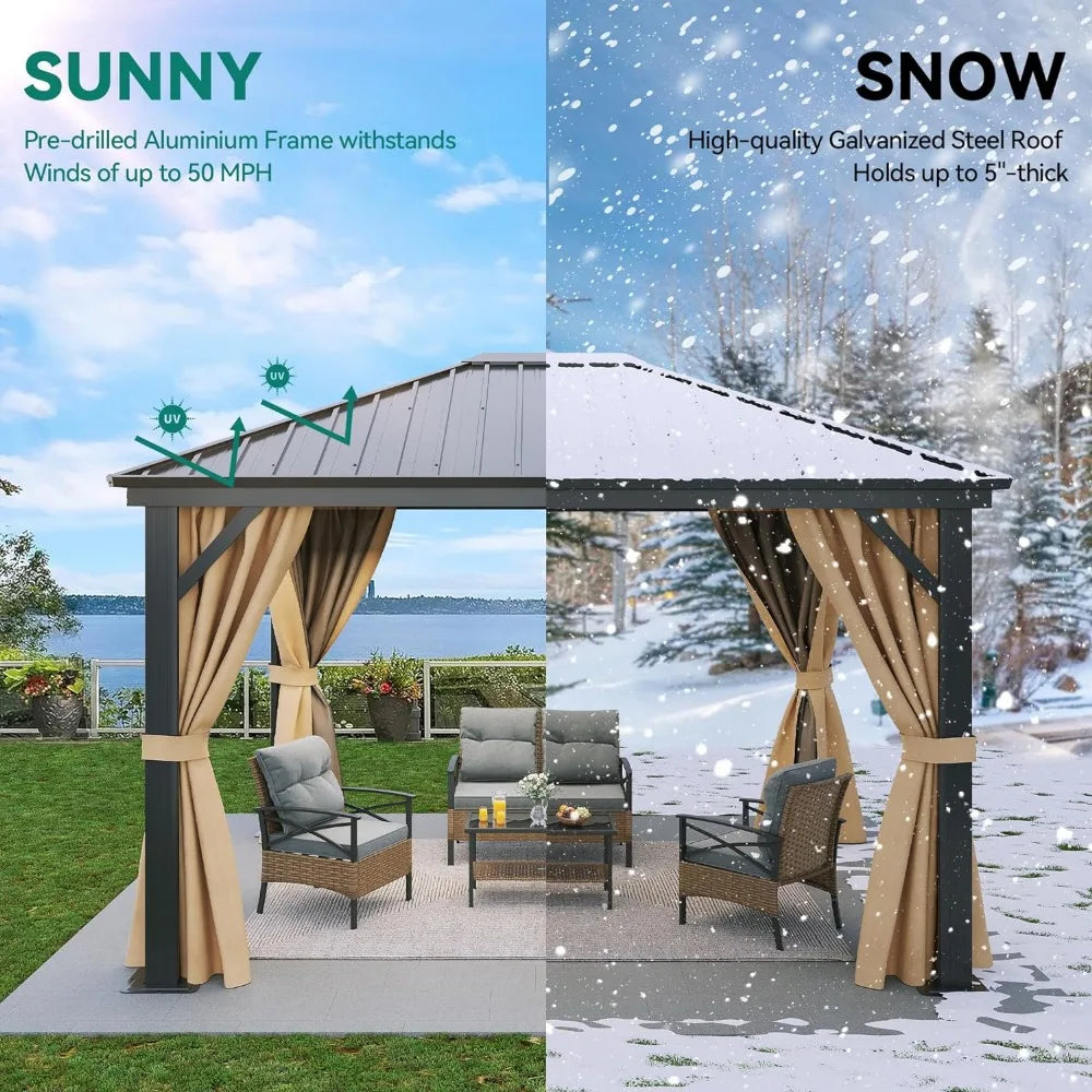 10x12ft Canopy with Nettings and Curtains, Heavy Duty Galvanized Steel Outdoor Vertical Stripes Roof, Canopy
