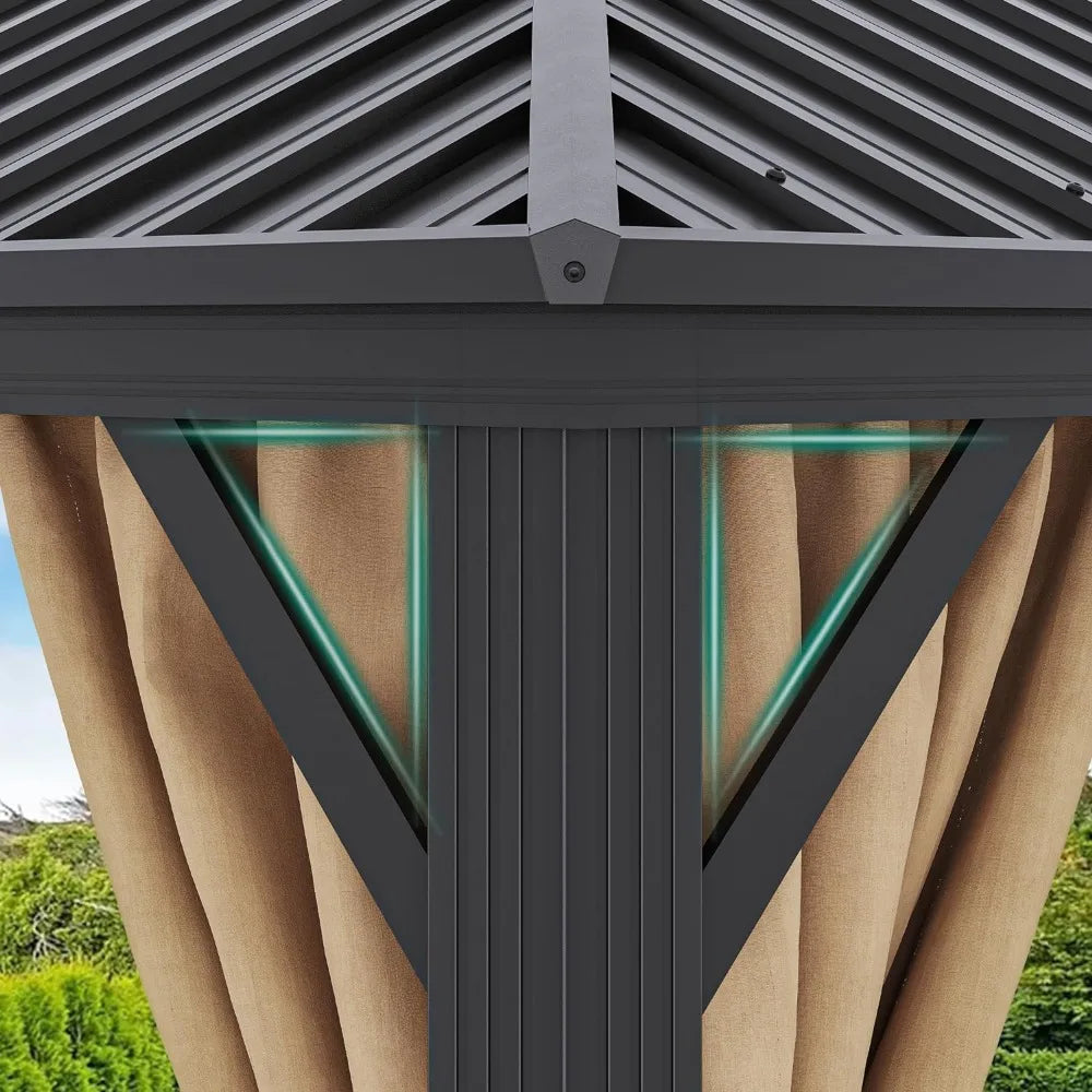 10x12ft Canopy with Nettings and Curtains, Heavy Duty Galvanized Steel Outdoor Vertical Stripes Roof, Canopy