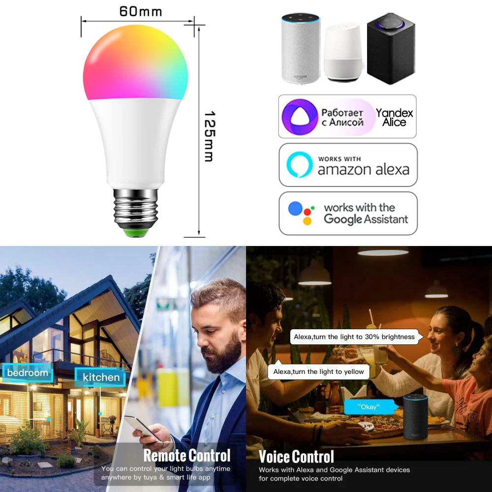 15W WiFi Smart Light Bulb B22 E27 LED RGB Lamp Work with Alexa/Google Home