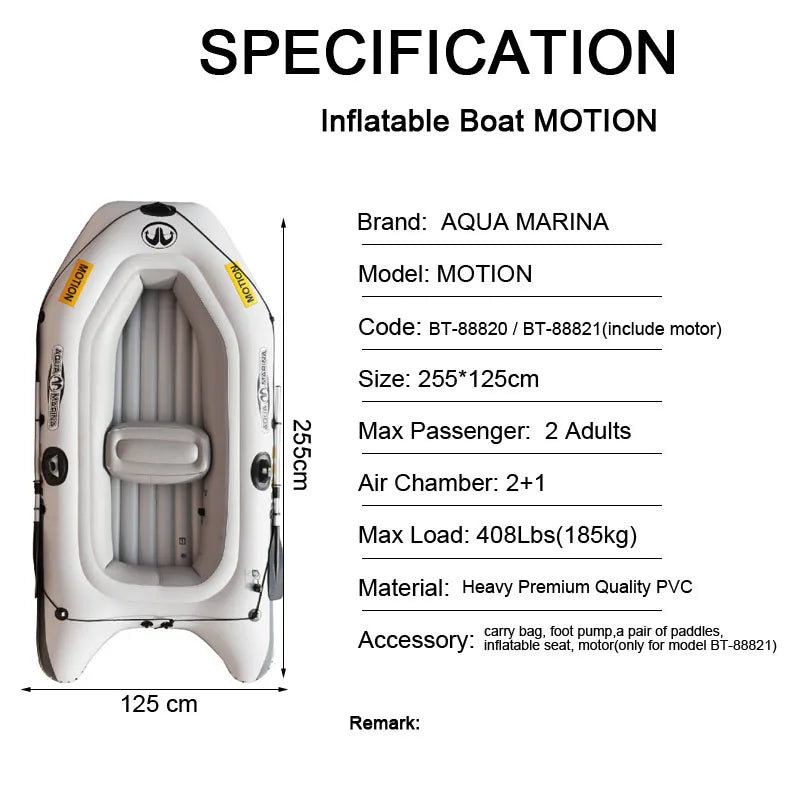 Aqua Marina 2 Person MOTION fishing boat thick PVC inflatable boat kayak dinghy raft paddle foot pump bag motor mount engine