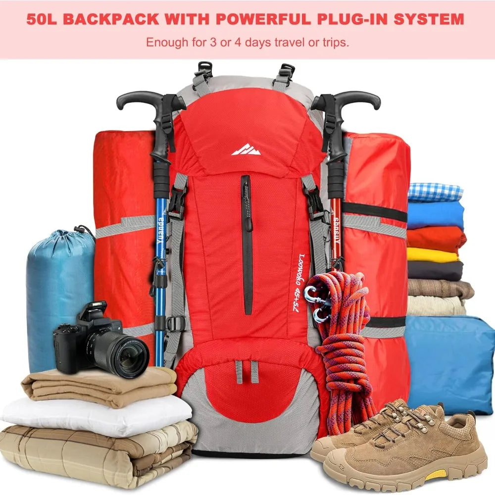 50L Hiking Backpack, Waterproof Camping Essentials Bag with Rain Cover, 45+5 Liter Lightweight Backpacking Back Pack Mochilas