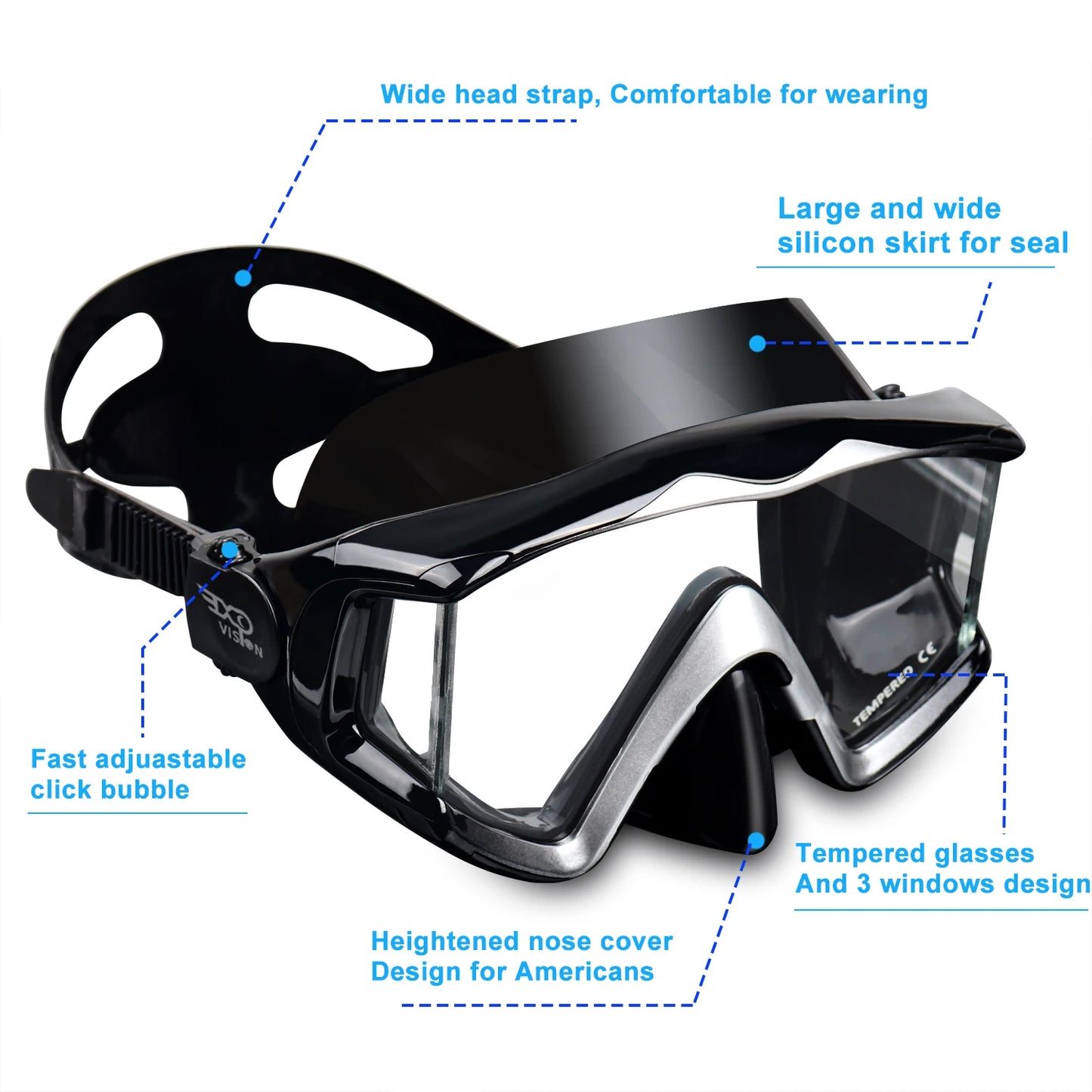 Adult Scuba Diving Mask Pano 3 Panoramic Tempered Glass Snorkeling Dive Mask