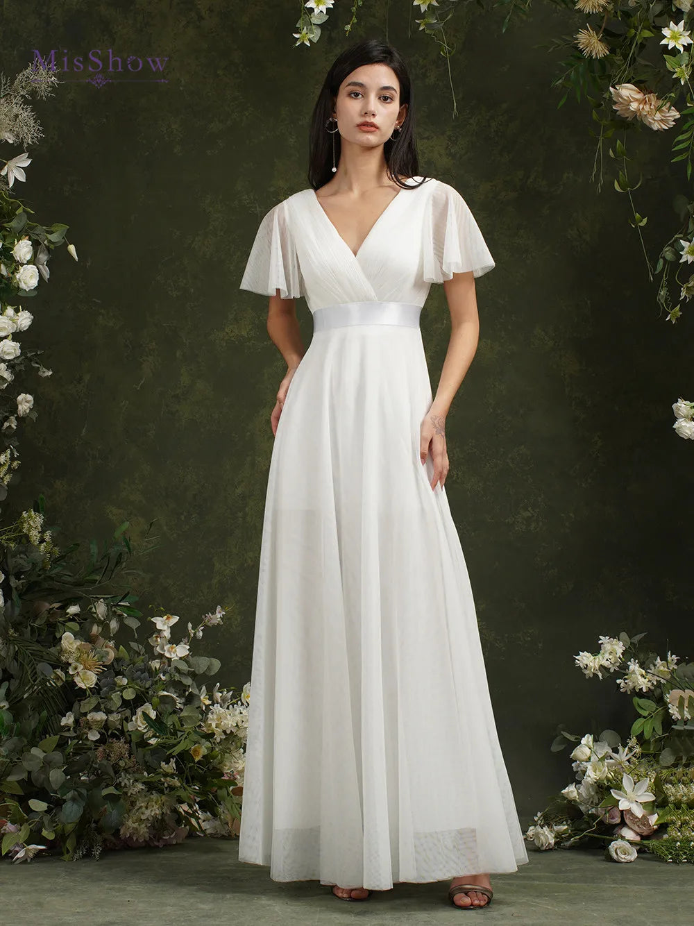 Simple Ivory Bridesmaid Dresses Women 2023 A-Line Puffer Short Sleeve V-Neck Pleat Tulle Open Back Wedding Party Gowns With Belt