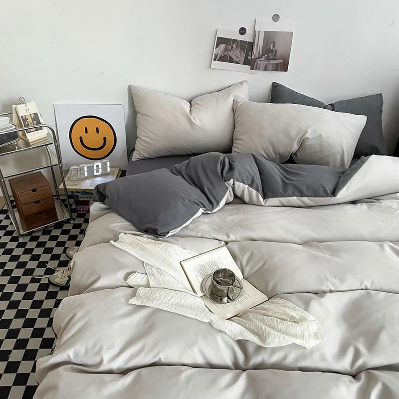 Washed Cotton Duvet Cover Set Black Bedding Sets for Hotel Bedroom Brushed Quilt Cover Pillowcase Flat Sheet Fashion Bed Linen