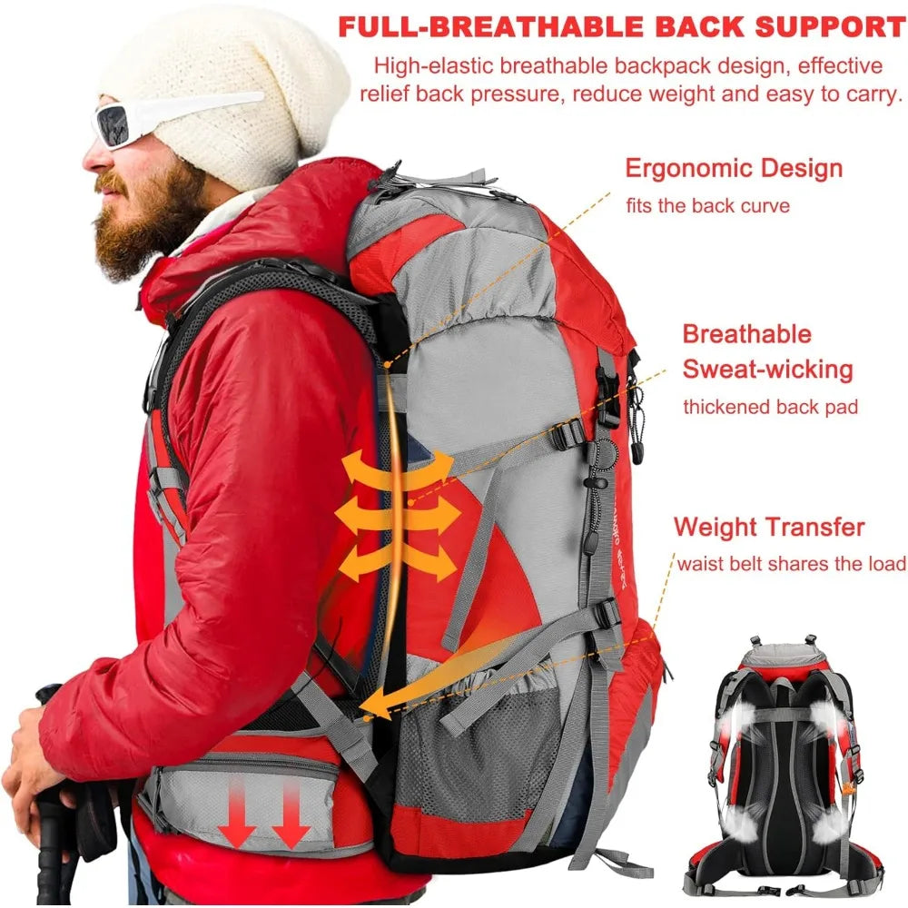 50L Hiking Backpack, Waterproof Camping Essentials Bag with Rain Cover, 45+5 Liter Lightweight Backpacking Back Pack Mochilas