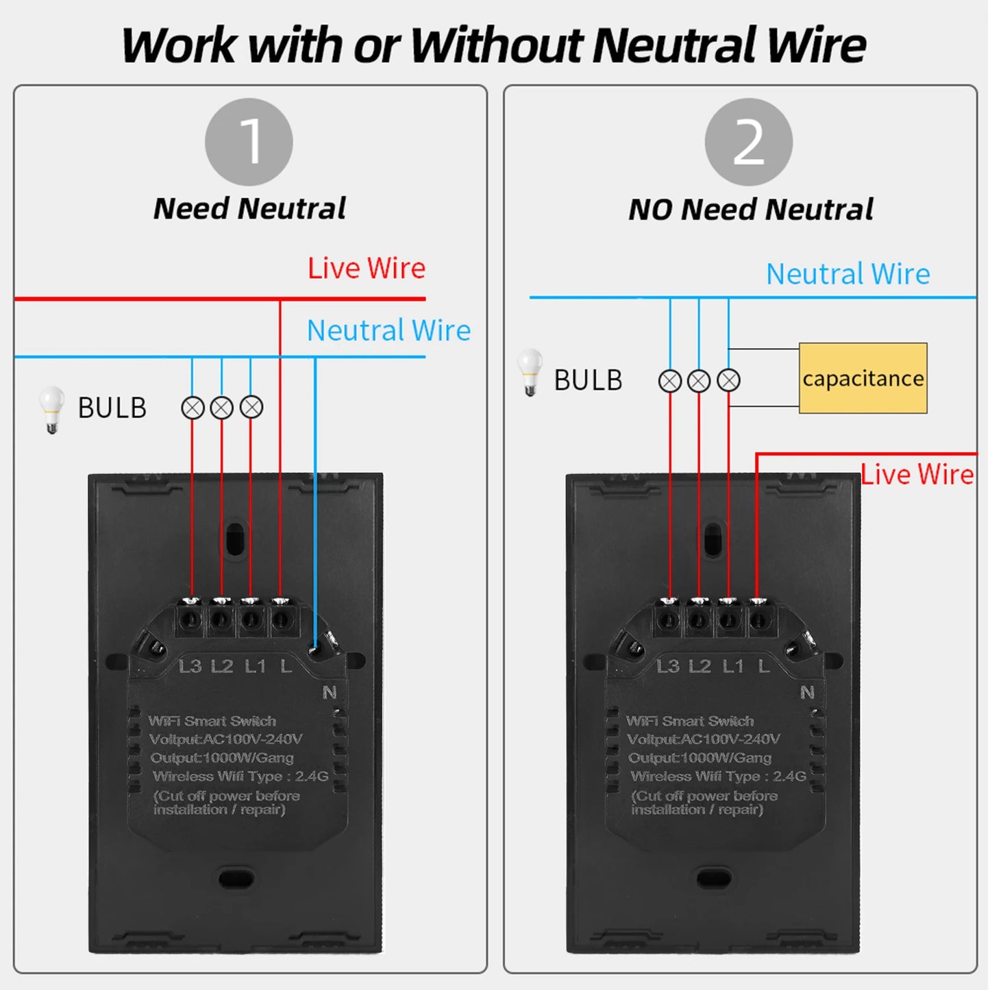 Tuya Wifi Smart Switch Neutral Wire/No Neutral Wire, Smart Home Interruptor Light Switch US 1/2/3 Works for Alexa Google home