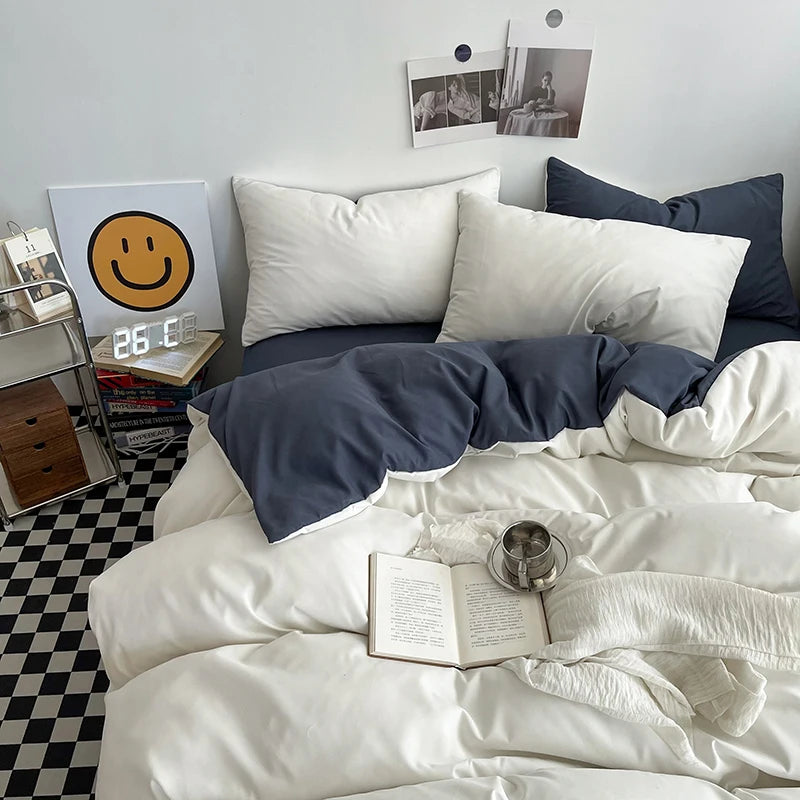Washed Cotton Duvet Cover Set Black Bedding Sets for Hotel Bedroom Brushed Quilt Cover Pillowcase Flat Sheet Fashion Bed Linen