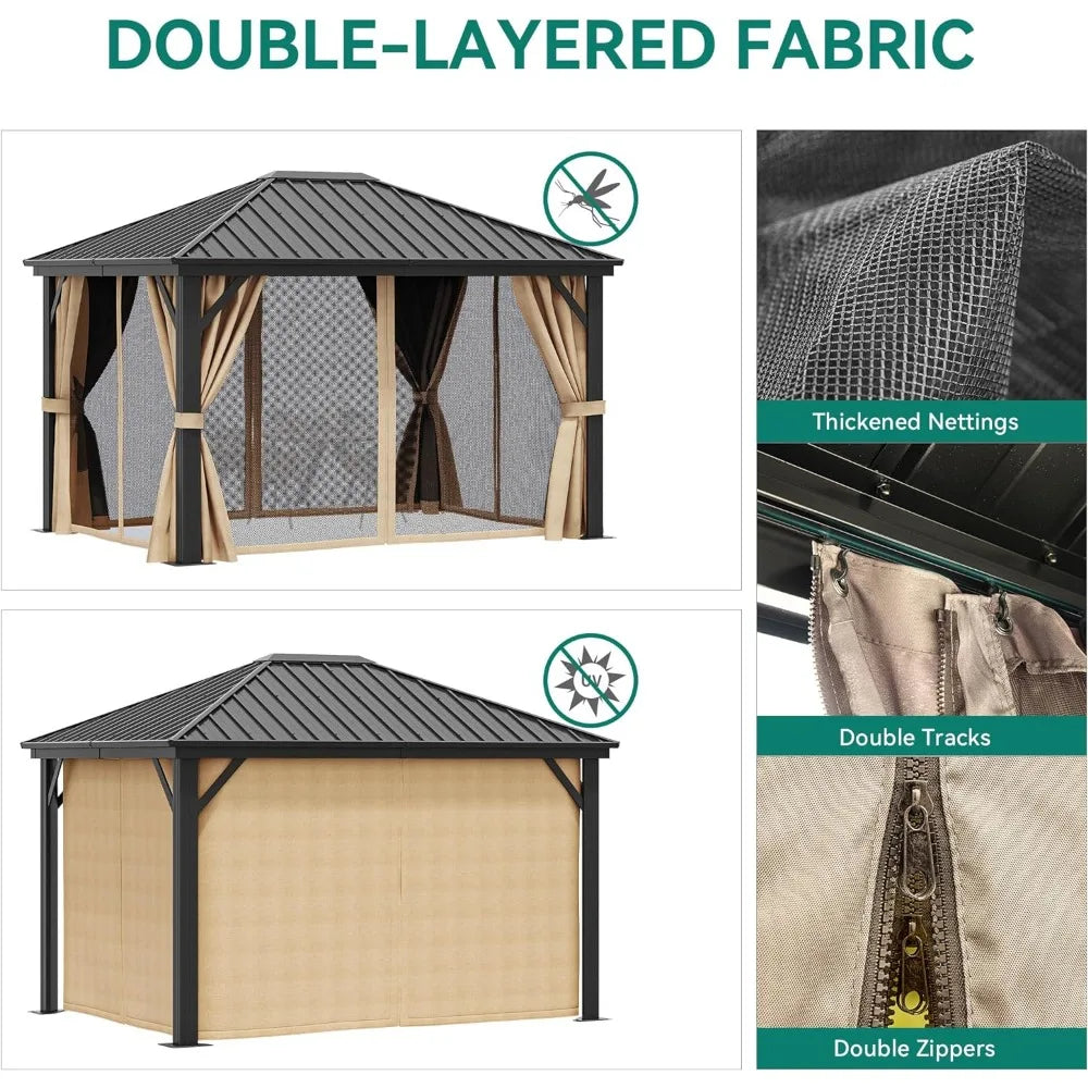 10x12ft Canopy with Nettings and Curtains, Heavy Duty Galvanized Steel Outdoor Vertical Stripes Roof, Canopy