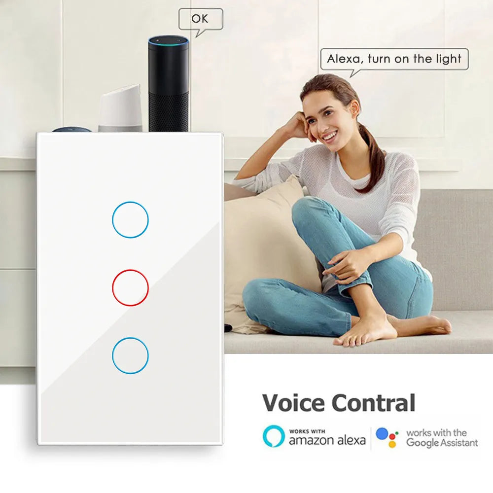 Tuya Wifi Smart Switch Neutral Wire/No Neutral Wire, Smart Home Interruptor Light Switch US 1/2/3 Works for Alexa Google home
