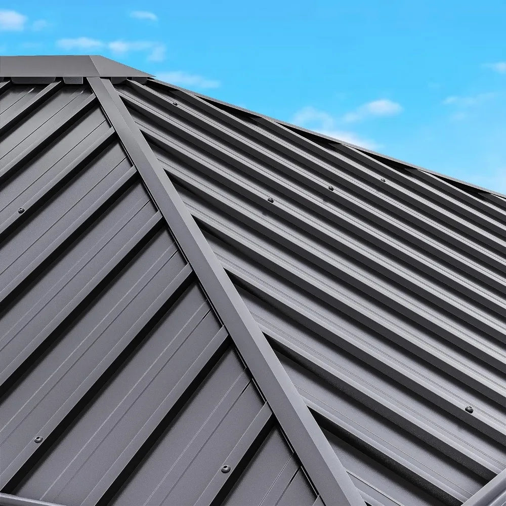 10x12ft Canopy with Nettings and Curtains, Heavy Duty Galvanized Steel Outdoor Vertical Stripes Roof, Canopy