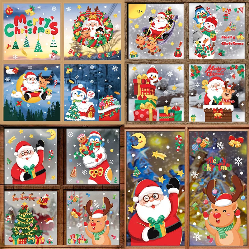 Christmas Window Stickers Home Decorations Cartoon Mirror Xmas Static Sticker New Year 2024 Merry Santa Elk Room Wall Decor 2023