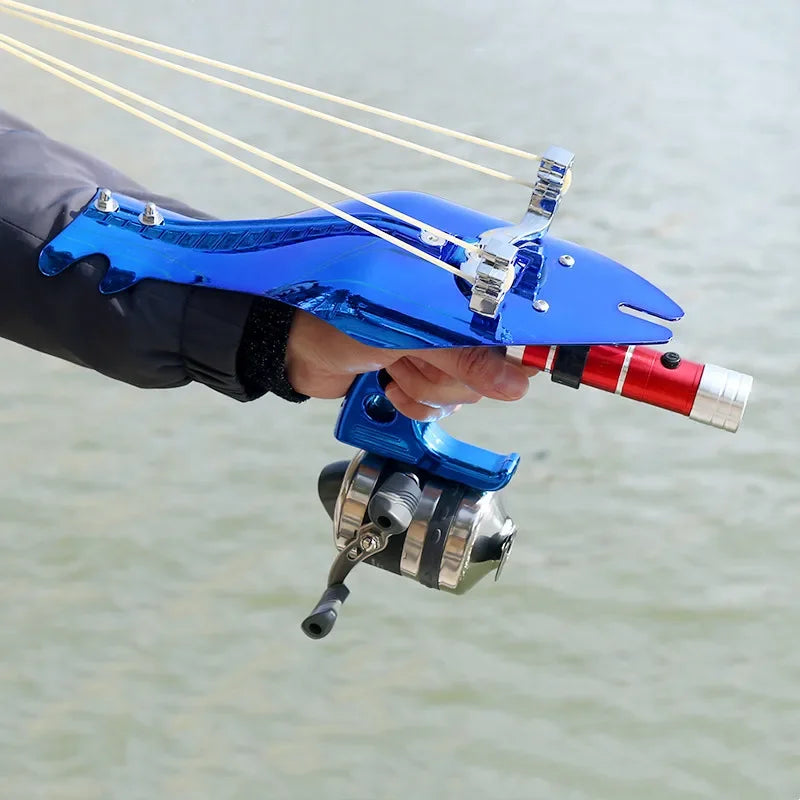 Fishing Set Slingshot Metal Bow Head Green Laser Sight Catapult with Fish Reels for Outdoor Hunting
