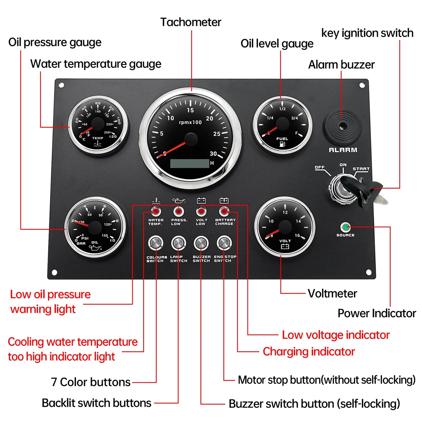Engine Dash Instrument Panel 5 Gauge Set 7 Color LED 85mm Tachometer 52mm Fuel Level Oil Pressure Water Temp Voltage for RV Boat