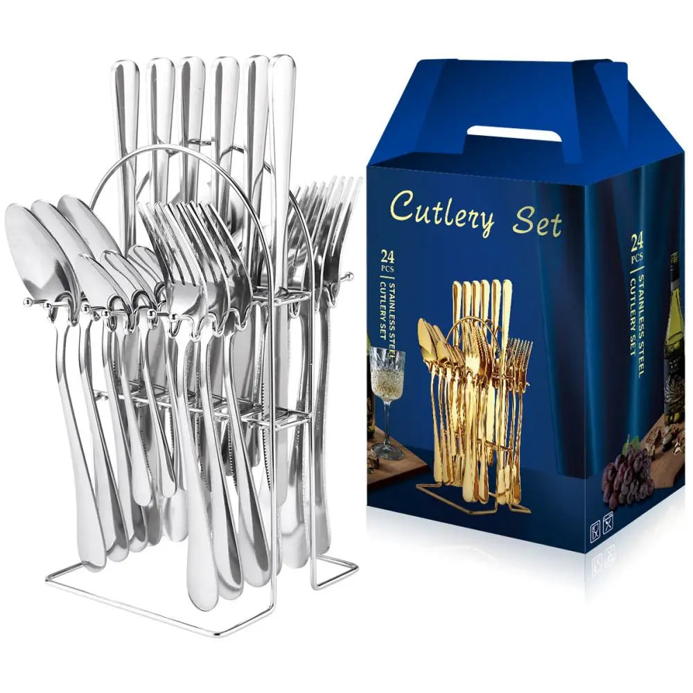 24pcs/Set Stainless Steel Cutlery Set with Holder & Gift Box
