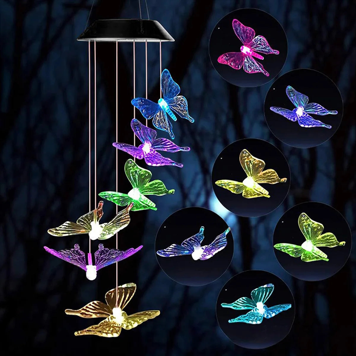 Butterfly Solar Wind Chime Light 120mAh Multicolor Light Waterproof Chandelier with Bell for Garden Home Yard Lawn Decoration