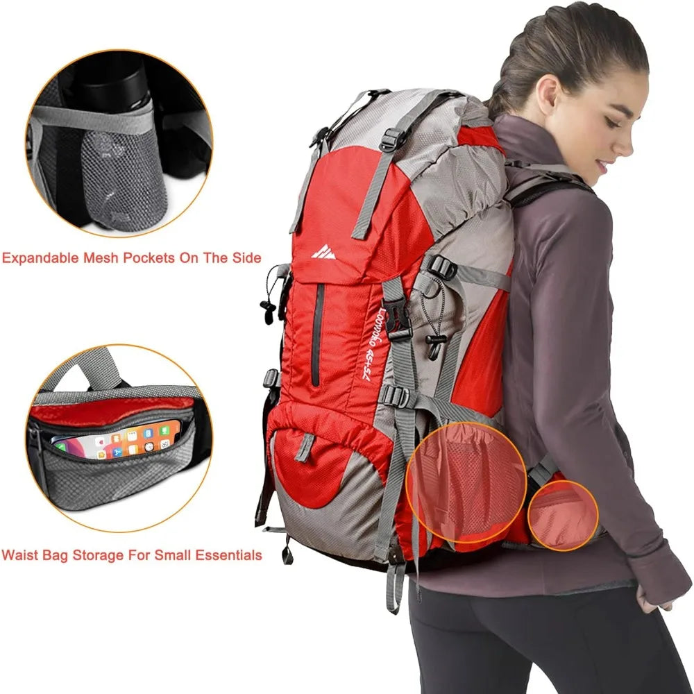 50L Hiking Backpack, Waterproof Camping Essentials Bag with Rain Cover, 45+5 Liter Lightweight Backpacking Back Pack Mochilas