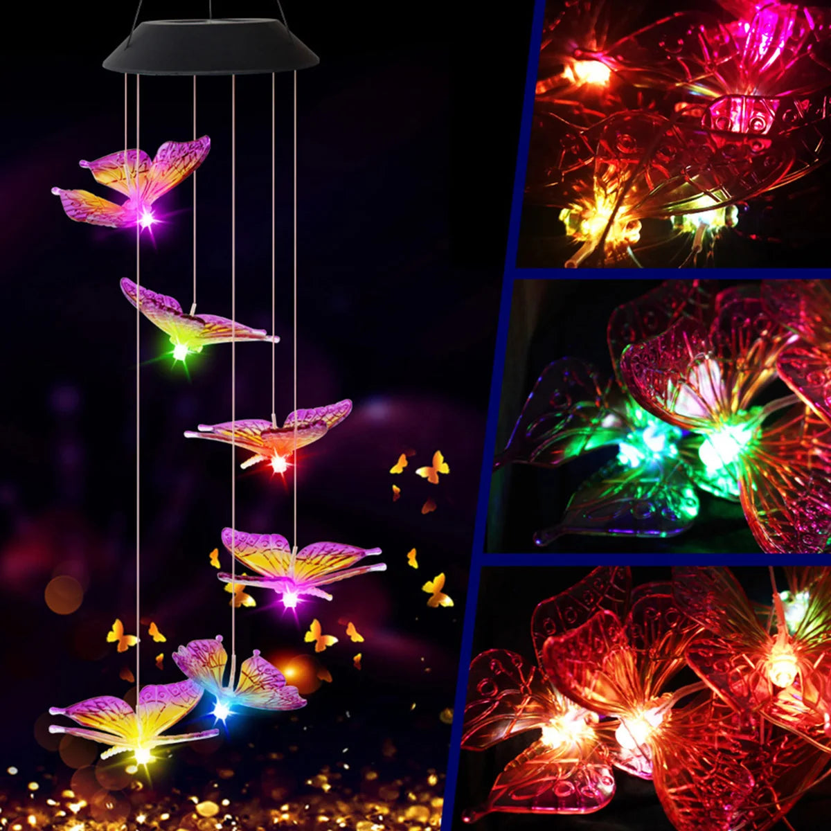 Butterfly Solar Wind Chime Light 120mAh Multicolor Light Waterproof Chandelier with Bell for Garden Home Yard Lawn Decoration