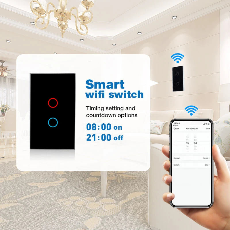 Tuya Wifi Smart Switch Neutral Wire/No Neutral Wire, Smart Home Interruptor Light Switch US 1/2/3 Works for Alexa Google home