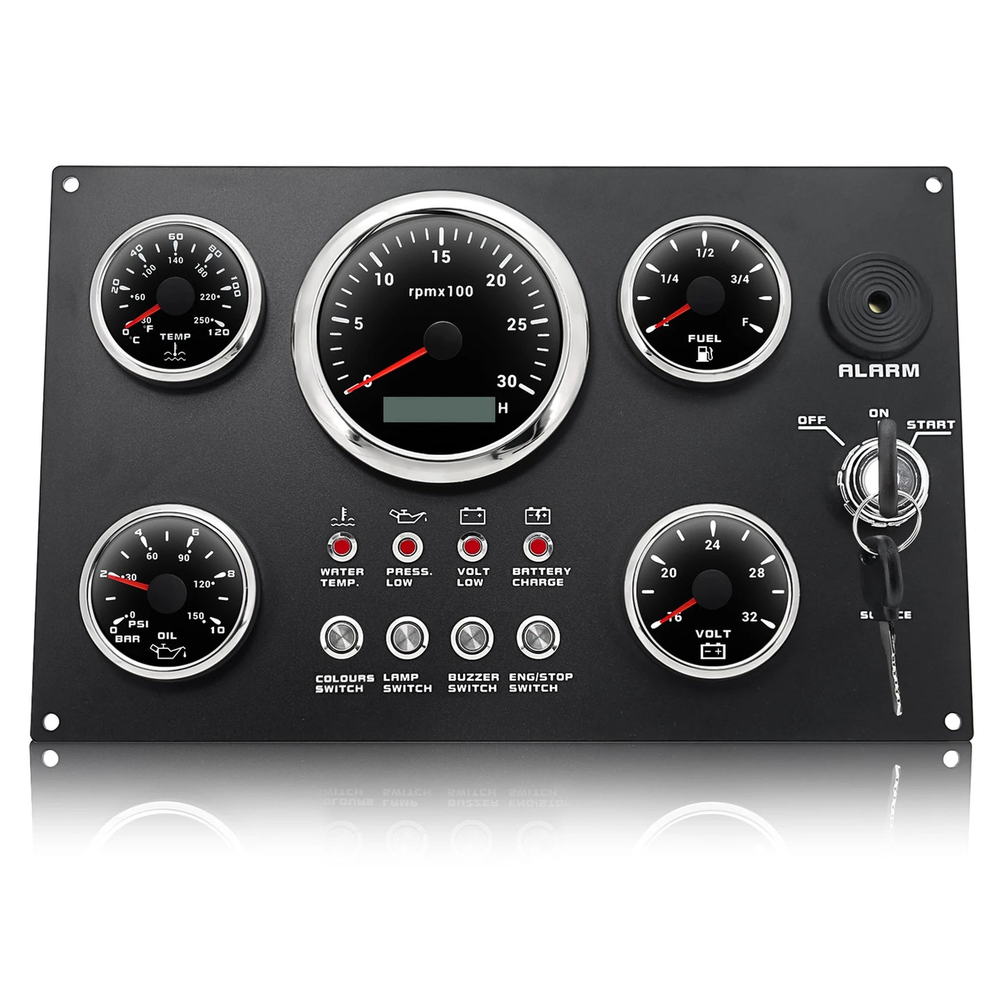 Engine Dash Instrument Panel 5 Gauge Set 7 Color LED 85mm Tachometer 52mm Fuel Level Oil Pressure Water Temp Voltage for RV Boat