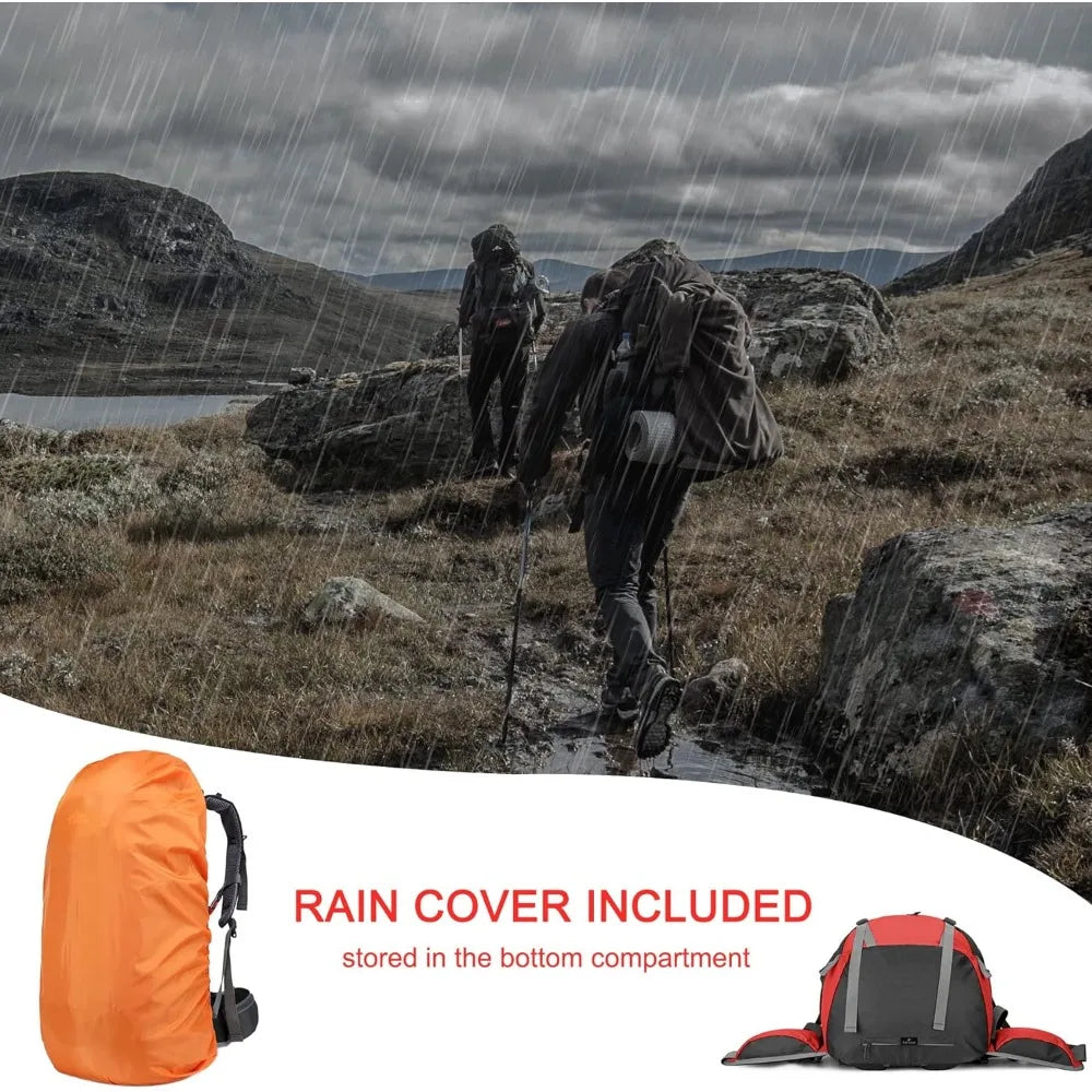 50L Hiking Backpack, Waterproof Camping Essentials Bag with Rain Cover, 45+5 Liter Lightweight Backpacking Back Pack Mochilas