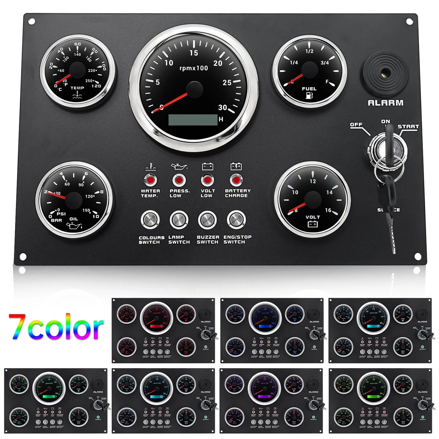 Engine Dash Instrument Panel 5 Gauge Set 7 Color LED 85mm Tachometer 52mm Fuel Level Oil Pressure Water Temp Voltage for RV Boat
