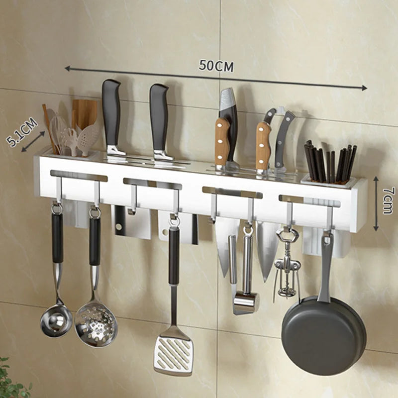 Wall Mounted Knife Holder Stainless Steel Rack Cutlery with Hook Kitchen Cabinet Organizer