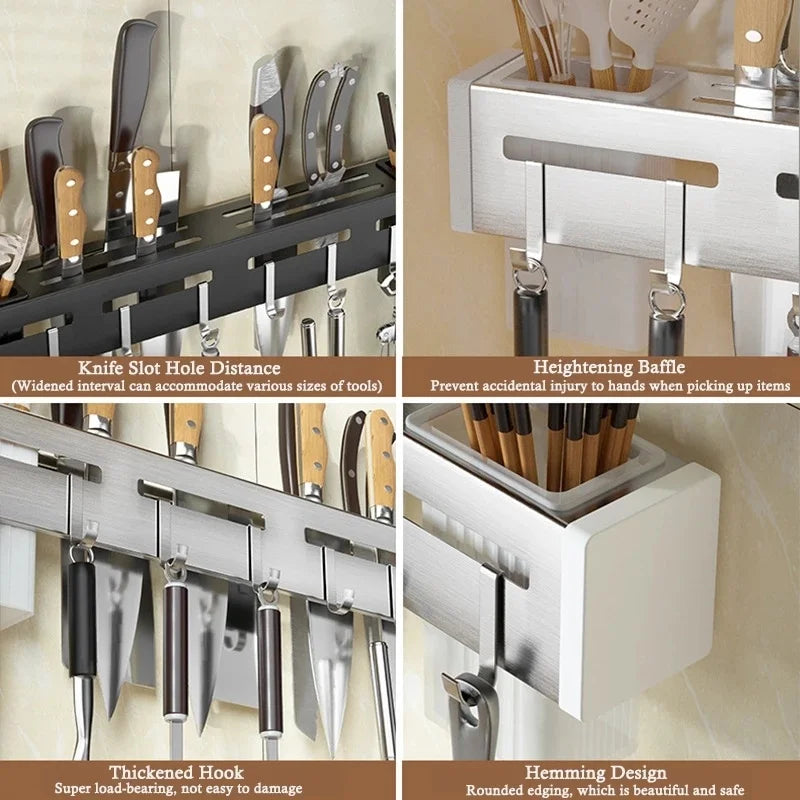 Wall Mounted Knife Holder Stainless Steel Rack Cutlery with Hook Kitchen Cabinet Organizer