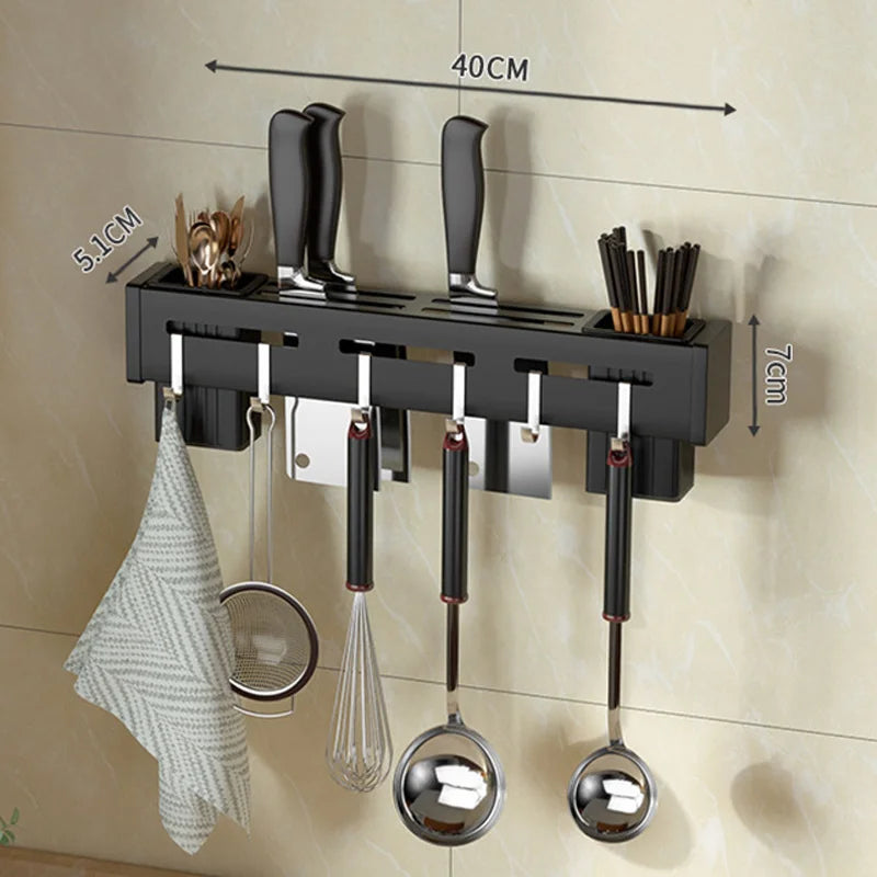 Wall Mounted Knife Holder Stainless Steel Rack Cutlery with Hook Kitchen Cabinet Organizer