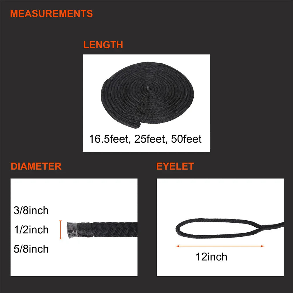 1PC/3PCS Black Double Braid Nylon Dockline Dock Line Mooring boat Rope Anchoring Docking Rope length 16.5feet 25feet 50feet