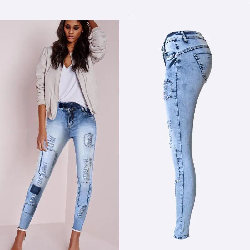 Summer Style Low Waist Sky Blue Patchwork Skinny Tights Women Pencil Jeans High Stretch Denim Women Fashion Jeans