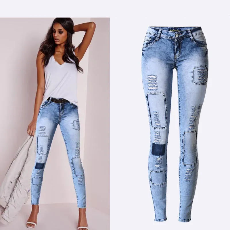 Summer Style Low Waist Sky Blue Patchwork Skinny Tights Women Pencil Jeans High Stretch Denim Women Fashion Jeans