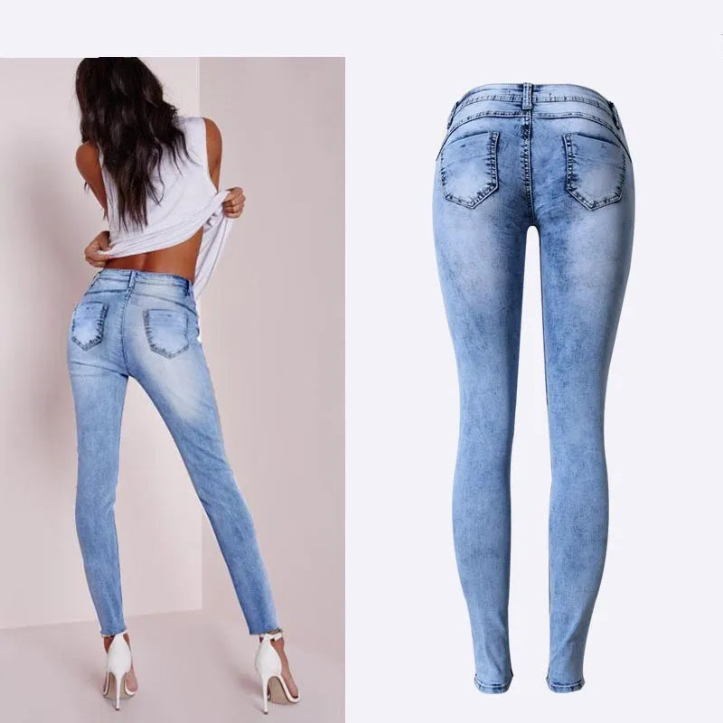 Summer Style Low Waist Sky Blue Patchwork Skinny Tights Women Pencil Jeans High Stretch Denim Women Fashion Jeans