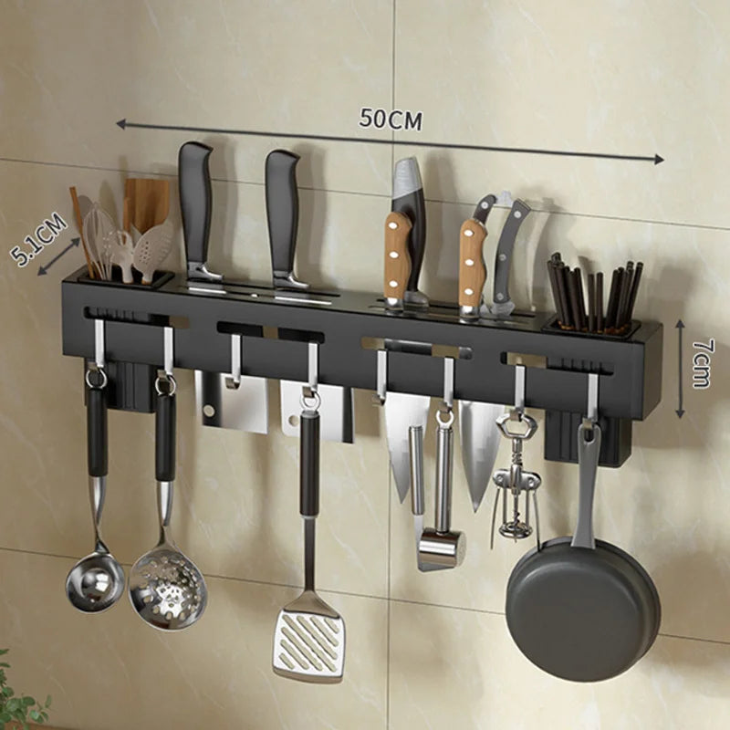 Wall Mounted Knife Holder Stainless Steel Rack Cutlery with Hook Kitchen Cabinet Organizer