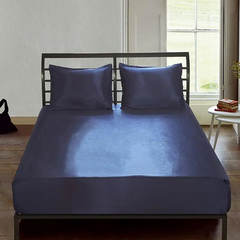 Satin Silk Fitted Bedsheet with Elastic Band Single Twin Queen King Size Black/Blue Color Cold Bed Sheet and Bed Linen