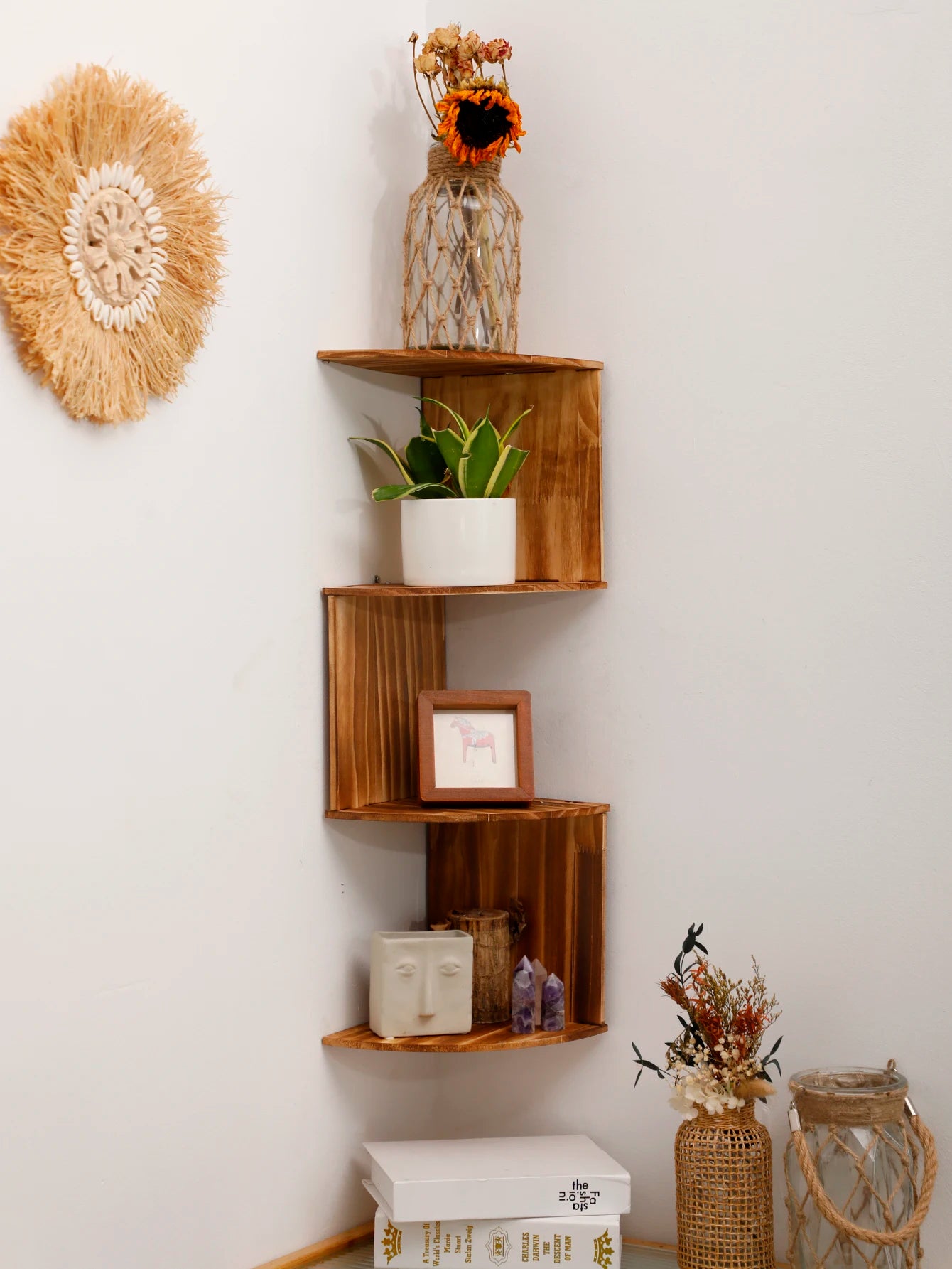 4-Layers Wooden Wall Shelf wood Color Wall Mounted Display Stand Home Organizers