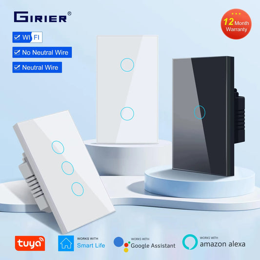 GIRIER Smart Wifi Touch Switch Smart Home 1/2/3 Gang Light Switch 100-240V Works with Alexa Hey Google