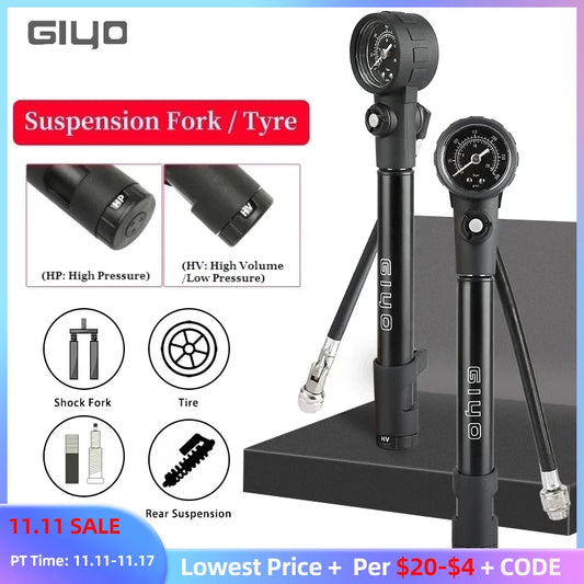 300psi Giyo MTB Shock Fork Pump Bicycle Tyre Inflator Schrader Presta HP/HV Two Mode Inflate Rear Suspension Pump with Gauge