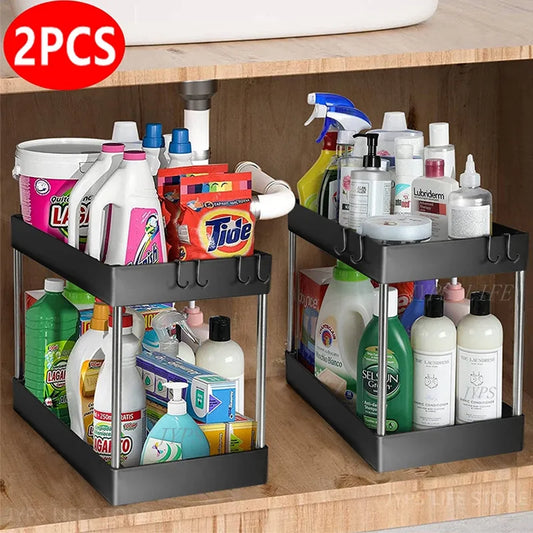 1/2 Pcs 2 Tier Drawer Multipurpose Rack Cabinet Under Sink Storage Rack Bathroom Kitchen Organizer