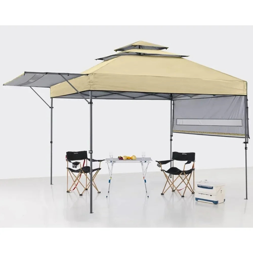 Pop Up Gazebo Canopy 3-Tier Instant Canopy With Adjustable Dual Half Awnings Shelter Beige