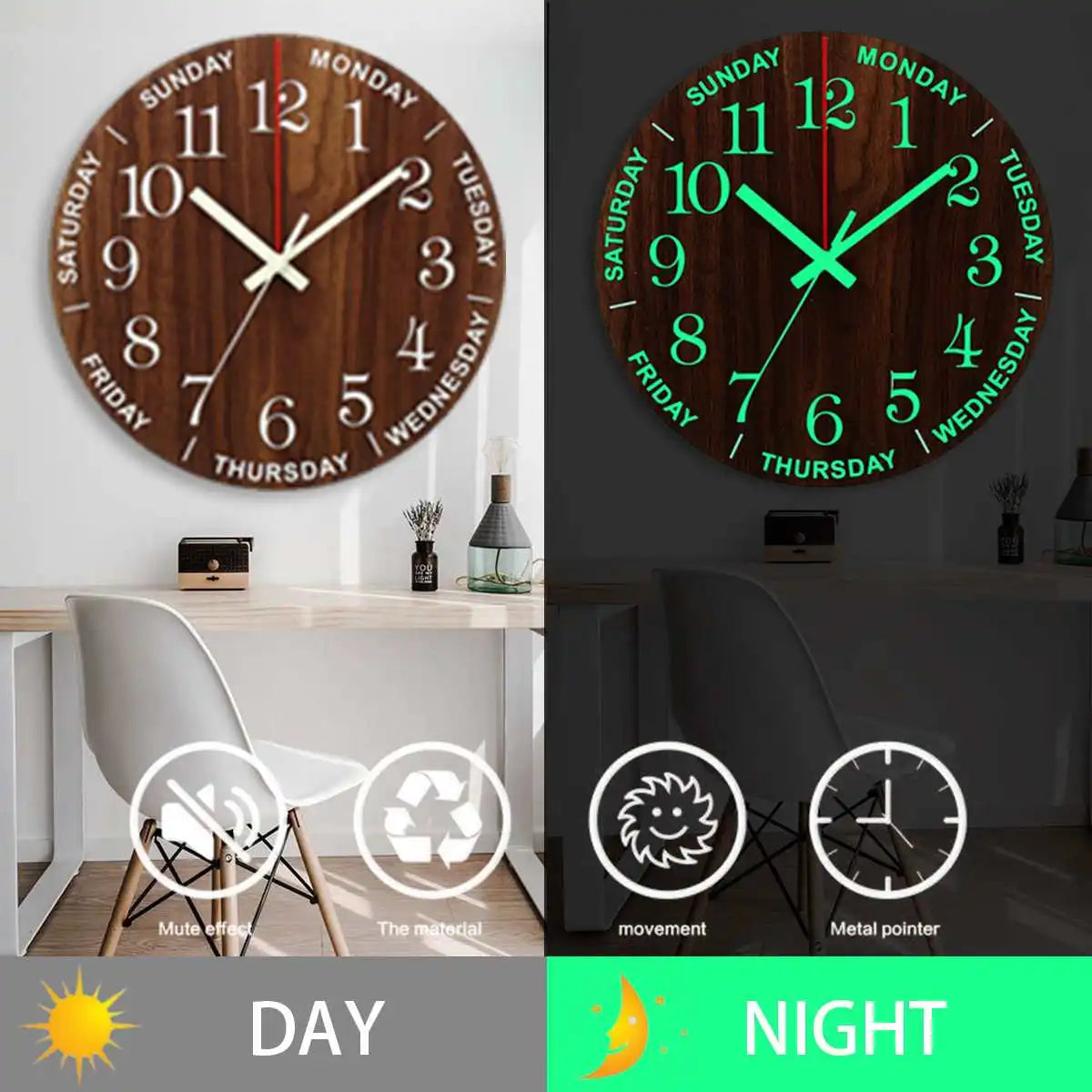 12 Inch Luminous Wall Clock Wood Silent light in dark night Nordic Fashion Wall Clock Non Ticking Clock With Night Light Gift