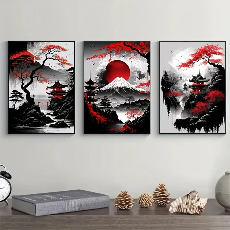 3pcs Frameless Japanese Natural Landscape Canvas Painting Black And Red Posters Vintage Ink Art Wall