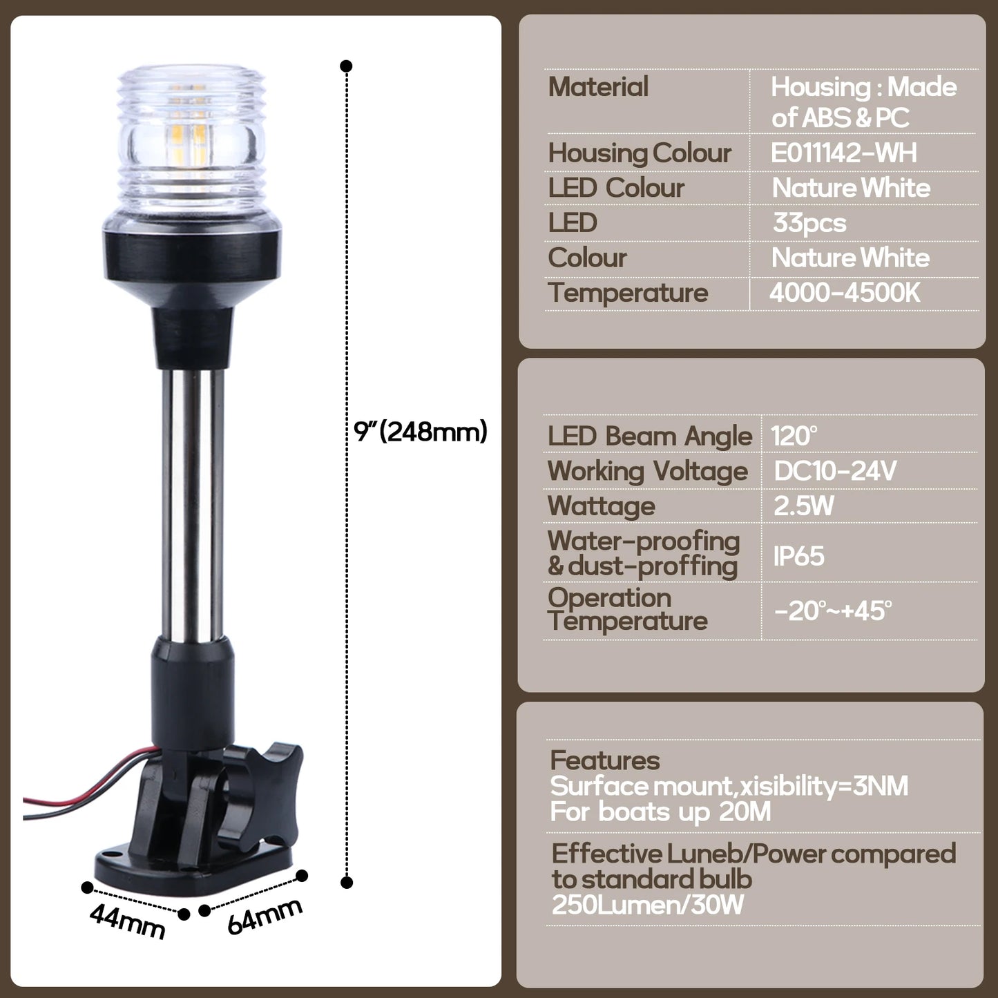 LED Fold Down Navigation Light, Sailing Signal Lamp, Marine Boat, Yacht Accessories, 12V, 25cm