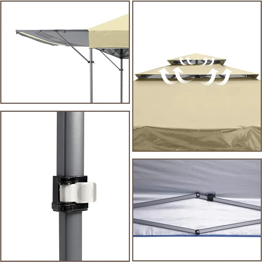 Pop Up Gazebo Canopy 3-Tier Instant Canopy With Adjustable Dual Half Awnings Shelter Beige